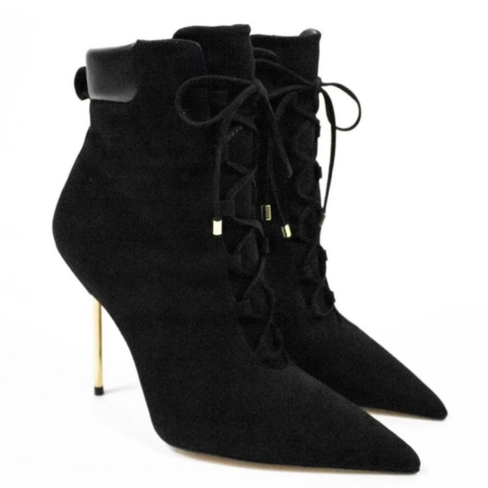 Good American Scandal Lace Up Stilleto Booties Suede Black Size 9